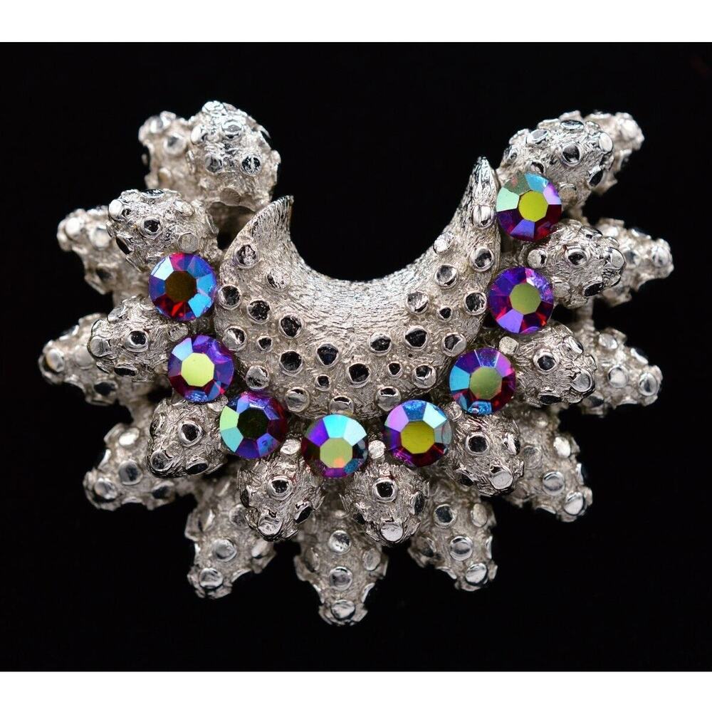 Coro Vintage Crystal Pin Brooch Red AB Brushed Silver Sparkling Signed 1940s 9B